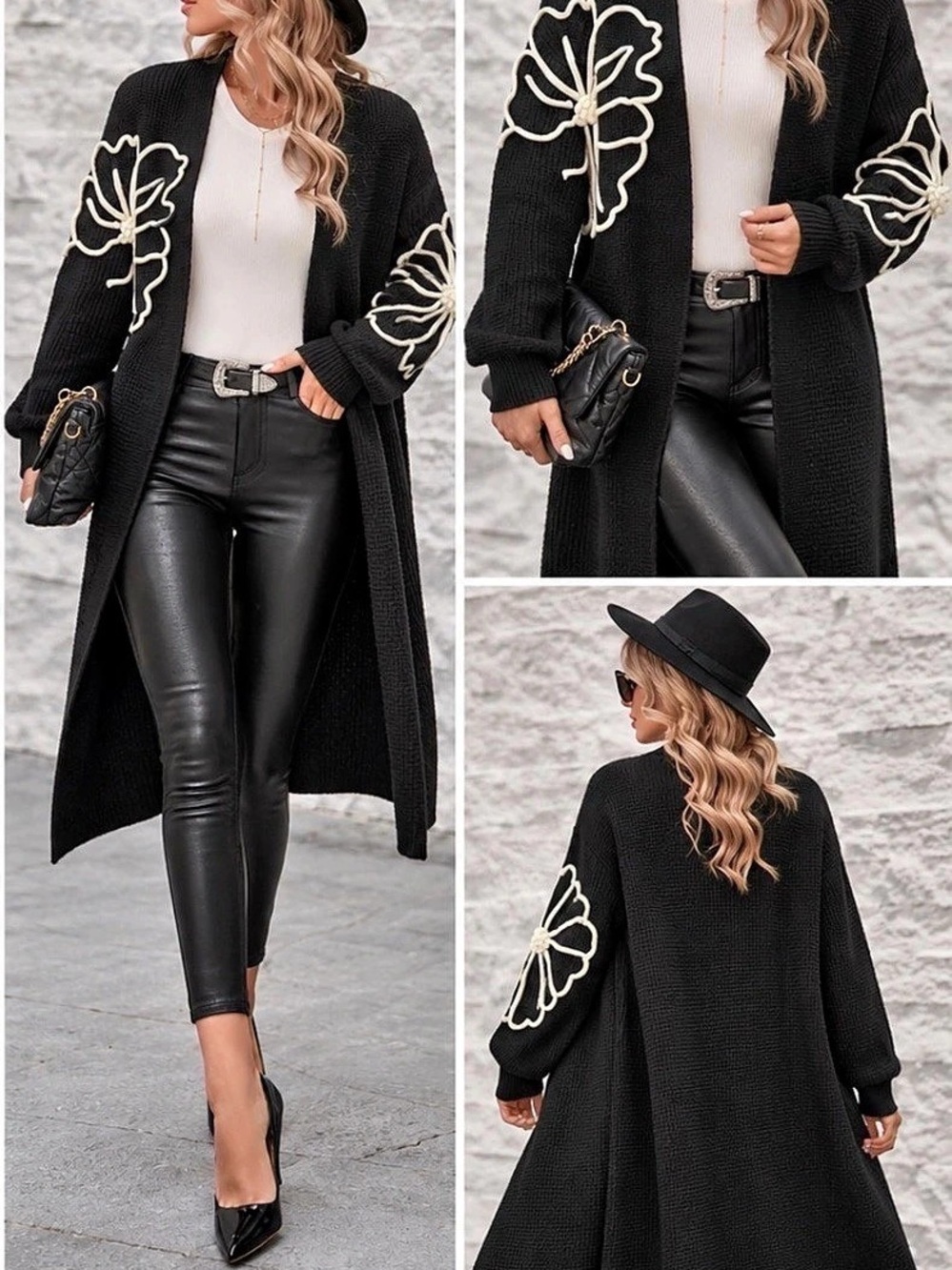 Black Long Knit Cardigan Sweater with Cream Floral Floral Appliqué - XL